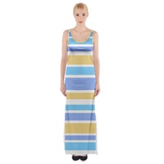 Blue Yellow Stripes Maxi Thigh Split Dress