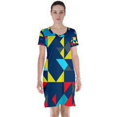 Colorful Shapes On A Blue Background                                        Short Sleeve Nightdress