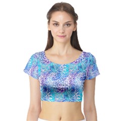 Boho Flower Doodle On Blue Watercolor Short Sleeve Crop Top (tight Fit)