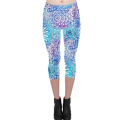 Boho Flower Doodle On Blue Watercolor Capri Leggings  by KirstenStar