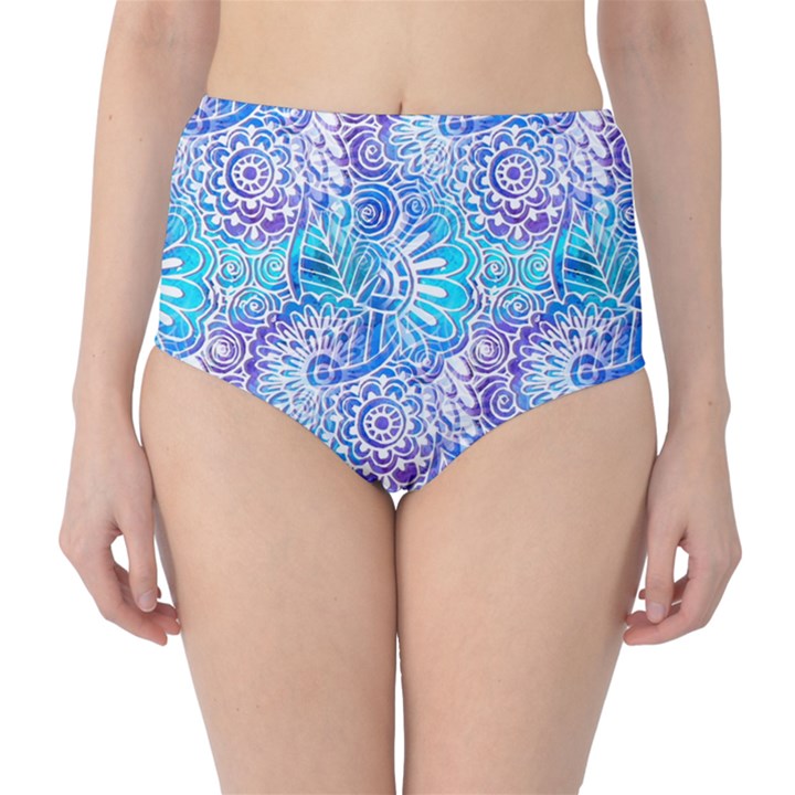 Boho Flower Doodle On Blue Watercolor High-Waist Bikini Bottoms