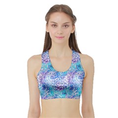 Boho Flower Doodle On Blue Watercolor Women s Sports Bra With Border