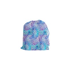 Boho Flower Doodle On Blue Watercolor Drawstring Pouches (xs) 