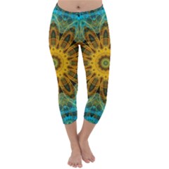 Blue Yellow Ocean Star Flower Mandala Capri Winter Leggings 