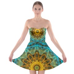 Blue Yellow Ocean Star Flower Mandala Strapless Dresses by Zandiepants