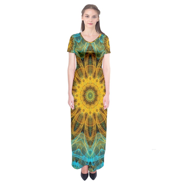 Blue Yellow Ocean Star Flower Mandala Short Sleeve Maxi Dress