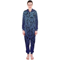 Blue Ombre Feather Pattern, Black,  Hooded Jumpsuit (ladies) 