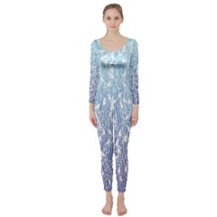 Blue Ombre Feather Pattern, White,  Long Sleeve Catsuit by Zandiepants