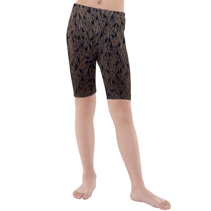 Brown Ombre Feather Pattern, Black,  Kid s Mid Length Swim Shorts