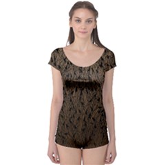 Brown Ombre Feather Pattern, Black,  Boyleg Leotard (ladies)