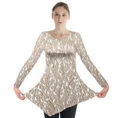 Brown Ombre Feather Pattern, White, Long Sleeve Tunic 