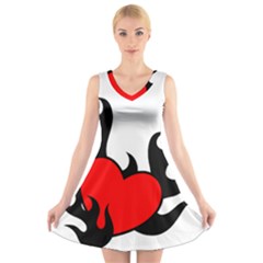 Black And Red Flaming Heart V-neck Sleeveless Skater Dress