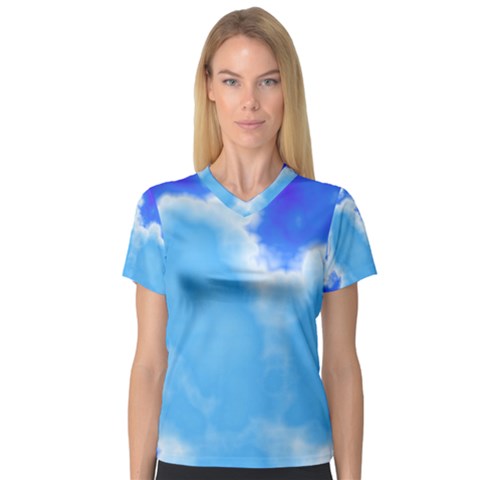 Powder Blue And Indigo Sky Pillow Women s V-neck Sport Mesh Tee by TRENDYcouture