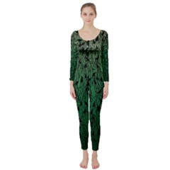 Green Ombre Feather Pattern, Black, Long Sleeve Catsuit