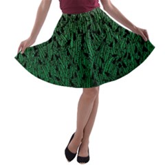 Green Ombre Feather Pattern, Black, A-line Skater Skirt