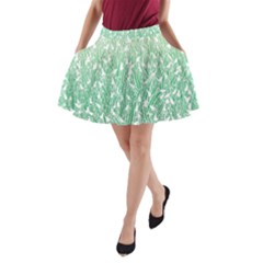 Green Ombre Feather Pattern, White, A-line Pocket Skirt