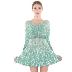 Green Ombre Feather Pattern, White, Long Sleeve Velvet Skater Dress by Zandiepants