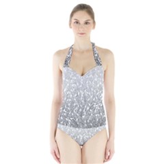 Grey Ombre Feather Pattern, White, Women s Halter One Piece Swimsuit