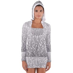 Grey Ombre Feather Pattern, White, Women s Long Sleeve Hooded T-shirt