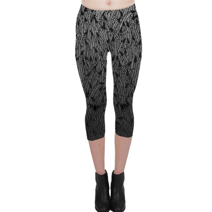 Grey Ombre Feather Pattern, Black, Capri Leggings 