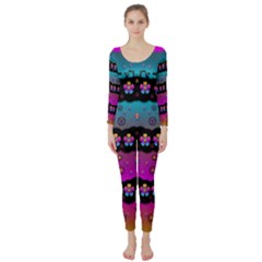 Rainbow  Big Flowers In Peace For Love And Freedom Long Sleeve Catsuit