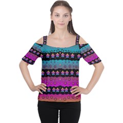 Rainbow  Big Flowers In Peace For Love And Freedom Women s Cutout Shoulder Tee