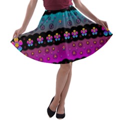 Rainbow  Big Flowers In Peace For Love And Freedom A-line Skater Skirt