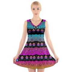 Rainbow  Big Flowers In Peace For Love And Freedom V-neck Sleeveless Skater Dress