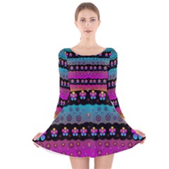 Rainbow  Big Flowers In Peace For Love And Freedom Long Sleeve Velvet Skater Dress