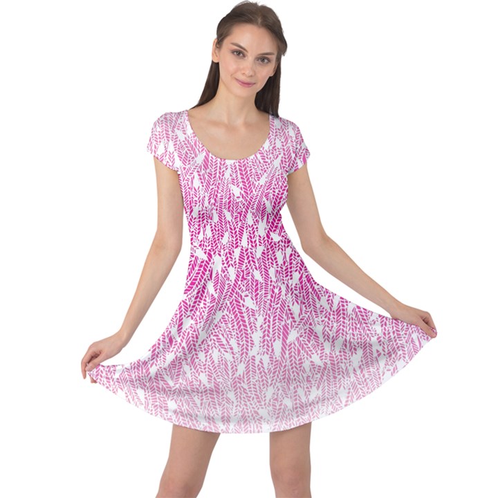 Pink Ombre Feather Pattern, White, Cap Sleeve Dresses