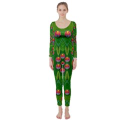 Orchid Forest Filled Of Big Flowers And Chevron Long Sleeve Catsuit