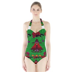 Lady Panda In Everglades Women s Halter One Piece Swimsuit