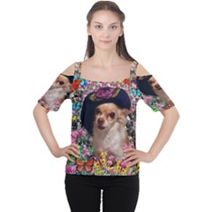 Chi Chi In Butterflies, Chihuahua Dog In Cute Hat Women s Cutout Shoulder Tee