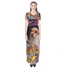 Chi Chi In Butterflies, Chihuahua Dog In Cute Hat Short Sleeve Maxi Dress by DianeClancy