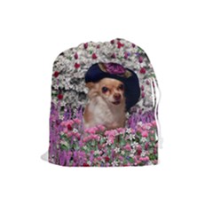 Chi Chi In Flowers, Chihuahua Puppy In Cute Hat Drawstring Pouches (large)  by DianeClancy