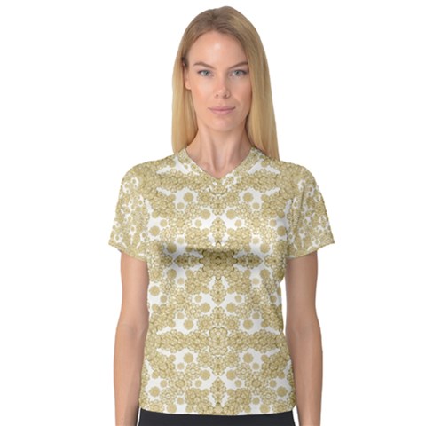 Golden Floral Boho Chic Women s V-neck Sport Mesh Tee by dflcprintsclothing