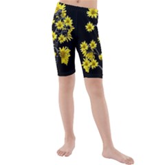 Sunflowers Over Black Kid s Mid Length Swim Shorts