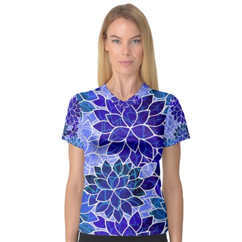 Azurite Blue Flowers Women s V-neck Sport Mesh Tee by KirstenStar