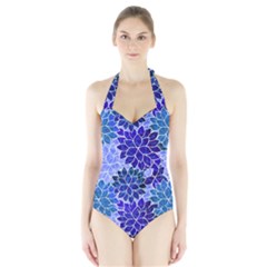 Azurite Blue Flowers Women s Halter One Piece Swimsuit