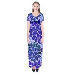 Azurite Blue Flowers Short Sleeve Maxi Dress