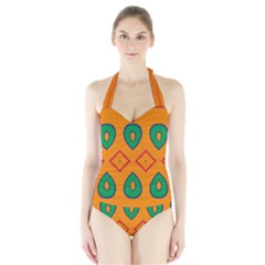 Rhombus And Leaves                                                                Women s Halter One Piece Swimsuit