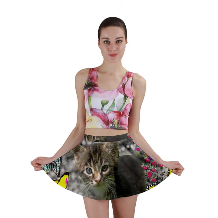 Emma In Butterflies I, Gray Tabby Kitten Mini Skirt