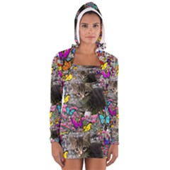 Emma In Butterflies I, Gray Tabby Kitten Women s Long Sleeve Hooded T-shirt by DianeClancy