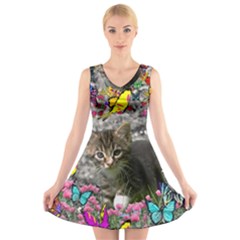 Emma In Butterflies I, Gray Tabby Kitten V-neck Sleeveless Skater Dress by DianeClancy