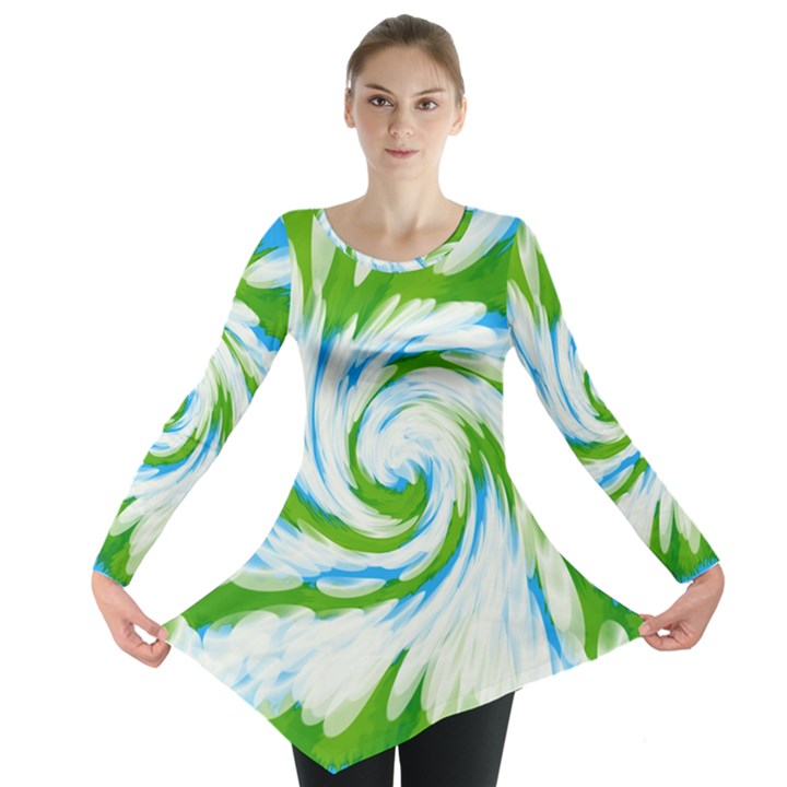 Tie Dye Green Blue Abstract Swirl Long Sleeve Tunic 