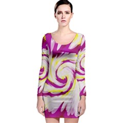 Tie Dye Pink Yellow Swirl Abstract Long Sleeve Bodycon Dress by BrightVibesDesign