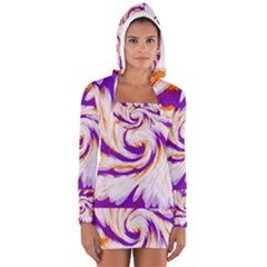 Tie Dye Purple Orange Abstract Swirl Women s Long Sleeve Hooded T-shirt