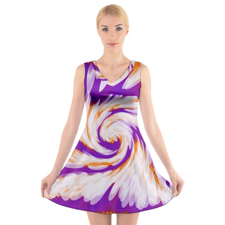 Tie Dye Purple Orange Abstract Swirl V-Neck Sleeveless Skater Dress