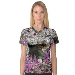 Emma In Flowers I, Little Gray Tabby Kitty Cat Women s V-neck Sport Mesh Tee