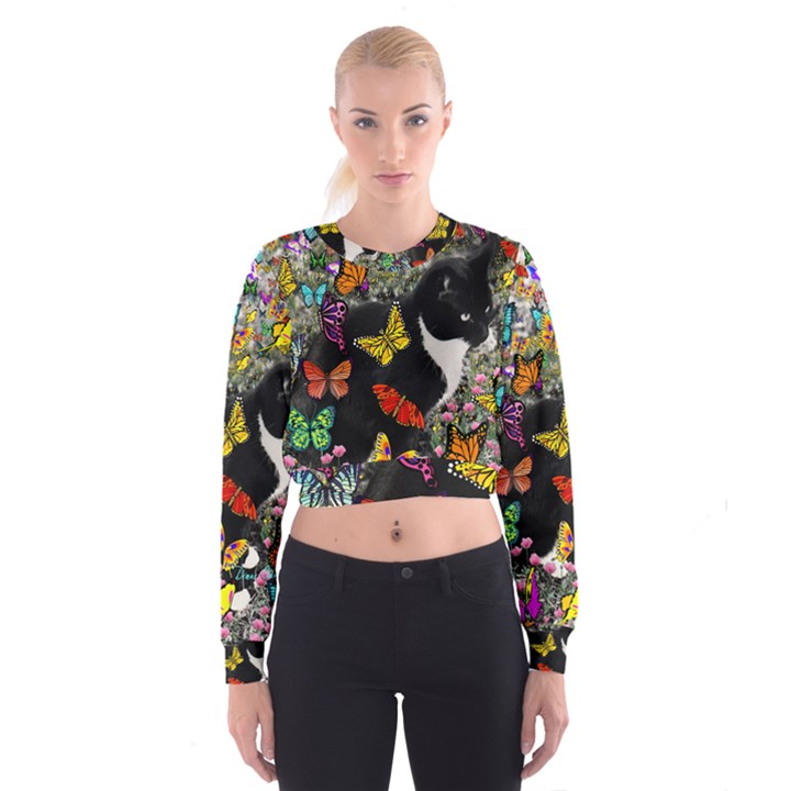 Freckles In Butterflies I, Black White Tux Cat Women s Cropped Sweatshirt